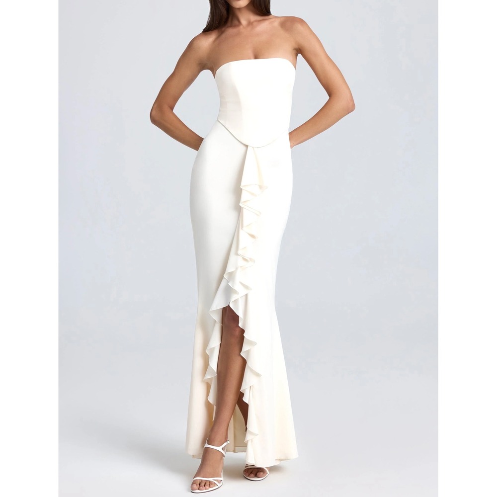 Oh Polly Strapless Ruffle Front Corset Maxi Dress Ivory Cream US 14 Formal Gown